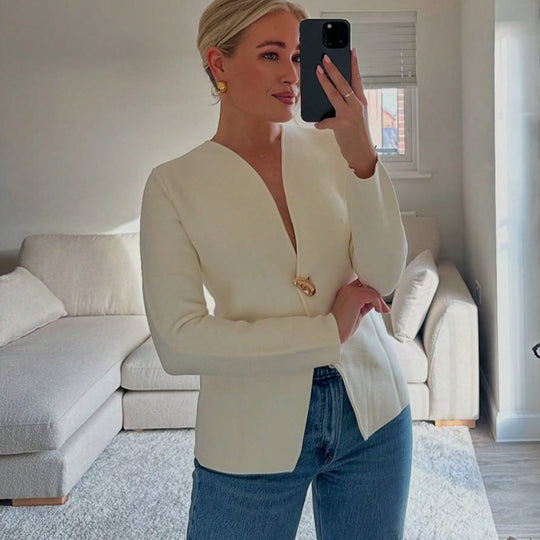 Damen elegante Blazerjacke mit asymmetrischem Schnitt und auffälligem Knopf R&B