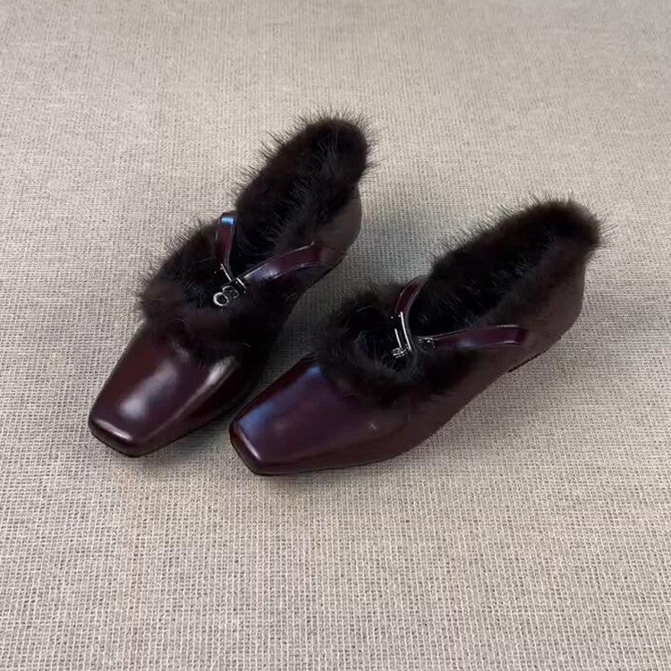 Damen elegante Pantoletten mit luxuriösem Fellbesatz
