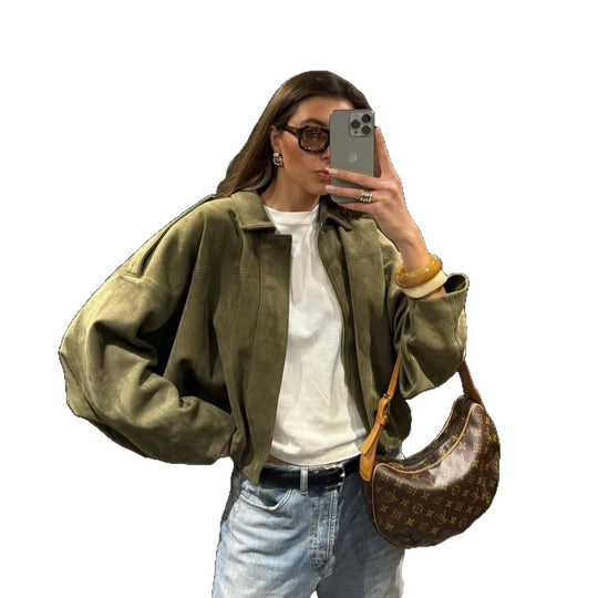 Damen Oversized Jacke aus Kunstleder mit Gummizug R&B