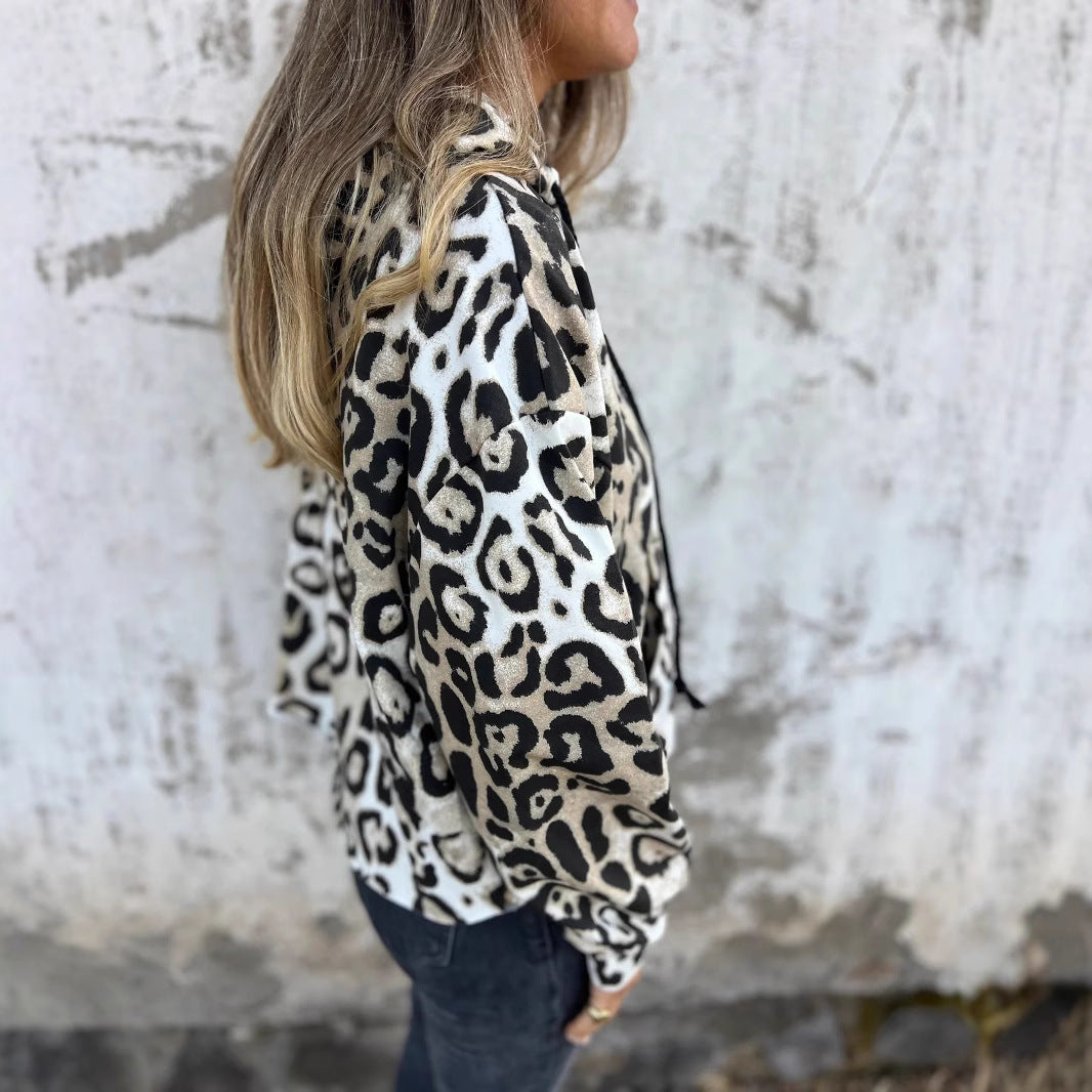 Damen Kapuzenpullover mit lässigem Leopardenmuster und praktischen Seitentaschen R&B