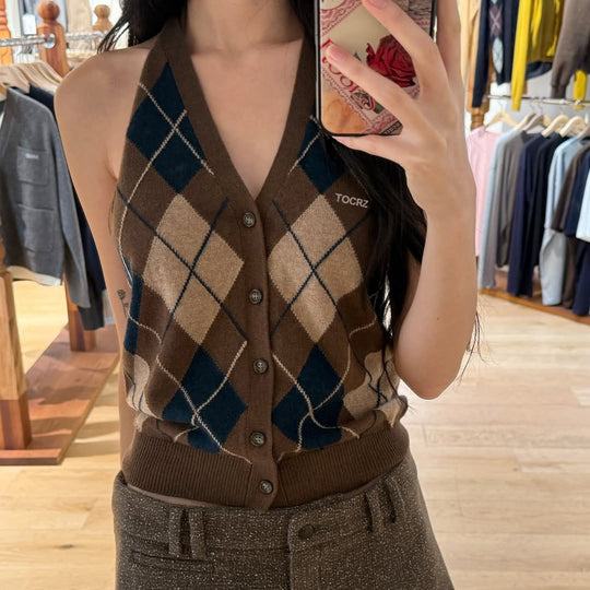 Damen ärmelloser Strickpullover im klassischen Karomuster R&B