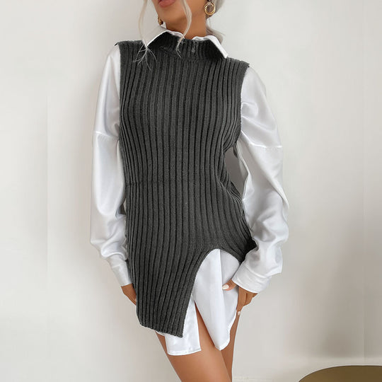 Damen Strickkleid mit Taillengürtel und seitlichen Schlitzen R&B