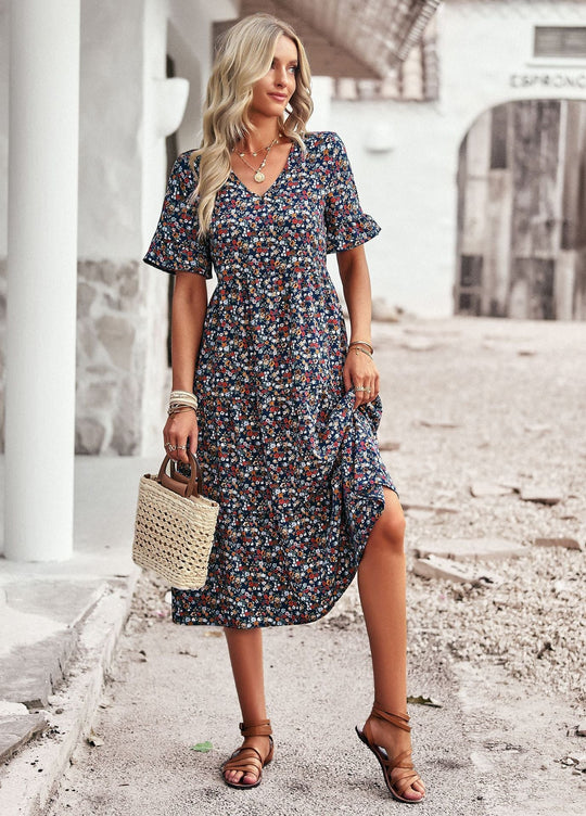 Damen Midi-Kleid mit Floralem Muster und Verspieltem V-Ausschnitt R&B
