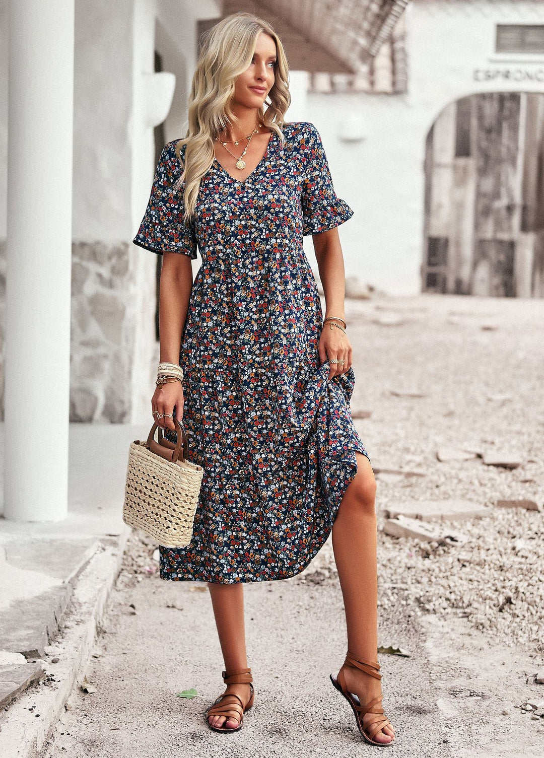Damen Midikleid mit floralem Muster und A-Linien-Schnitt R&B