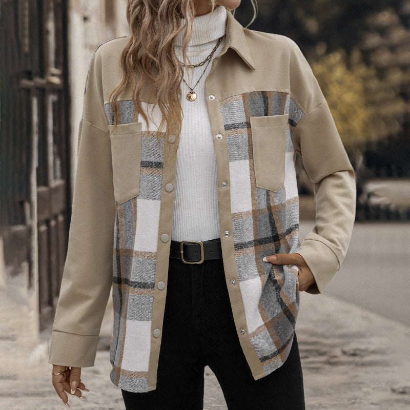 Damen Modische Karoschirtjacke mit Brusttaschen und Knopfleiste R&B