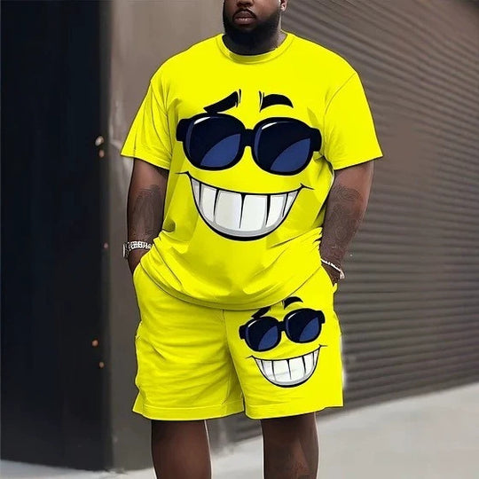 Herren nan lässiges Freizeit-Zweiteiler-Set mit großflächigem Smiley-Sonnenbrillen-Print R&B