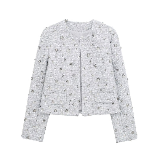 Damen elegante Tweedjacke mit funkelnden Pailletten und strukturiertem Design R&B
