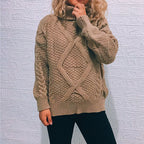 Damen Grobstrickpullover mit modischem Zopfmuster und hohem Kragen R&B