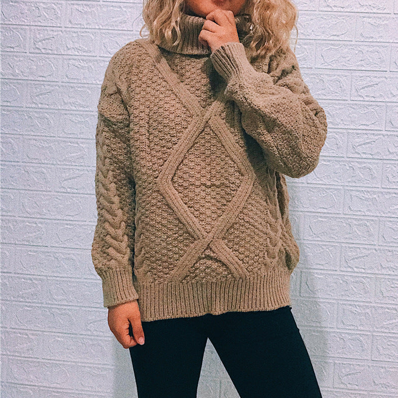 Damen Grobstrickpullover mit modischem Zopfmuster und hohem Kragen R&B