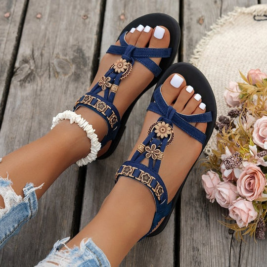 Damen modische Zehentrenner-Sandalen mit floralen Verzierungen R&B