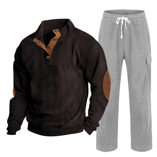 Herren nan Strick-Freizeitset mit Knopfleiste und Ellenbogenaufnähern sowie Cord-Cargohose R&B
