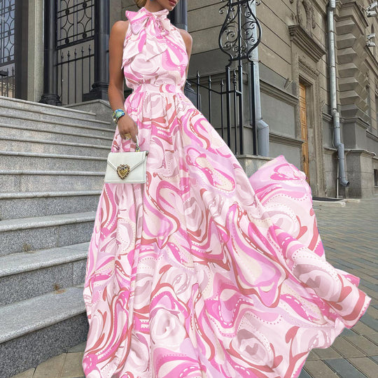 Damen Elegantes Maxikleid mit geknotetem Kragen und geschwungenem Muster R&B