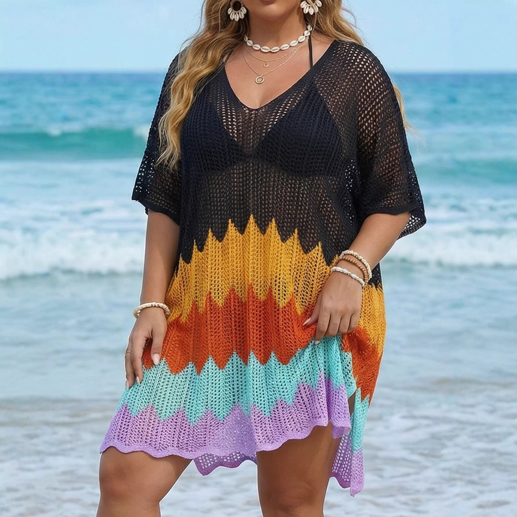 Damen luftiger Strandüberwurf mit Wellenmuster R&B