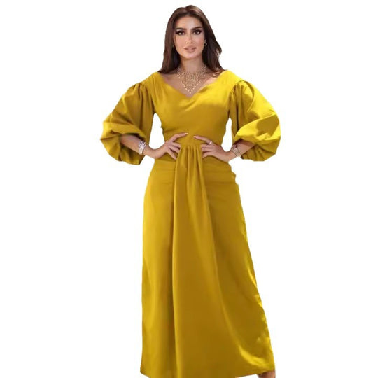 Damen Elegantes Maxikleid mit voluminösen Ärmeln und taillierter Drapierung R&B