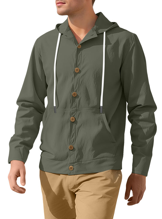 Herren nan leichte Kapuzenjacke mit Knopfleiste, Kängurutasche und Tunnelzug R&B