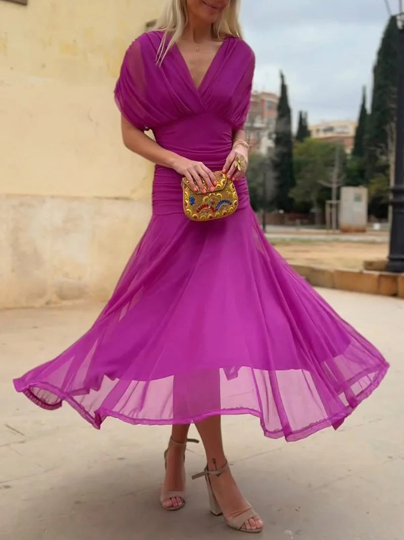 Damen nan fließendes Abendkleid mit transparentem Chiffon-Capelet, V-Ausschnitt und taillierter Drapierung R&B