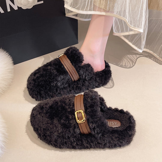 Damen Hausschuhe mit flauschigem Flausche-Obermaterial und modischem Schnallenverschluss R&B