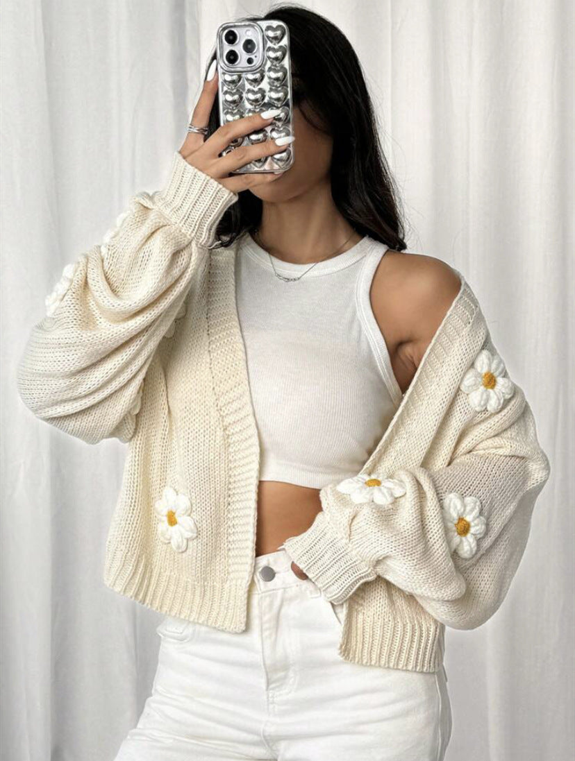 Damen Kurzstrickcardigan mit verspieltem Blumenmuster R&B