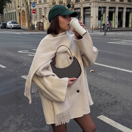 Damen oversized Wollmantel mit Fransendetails R&B