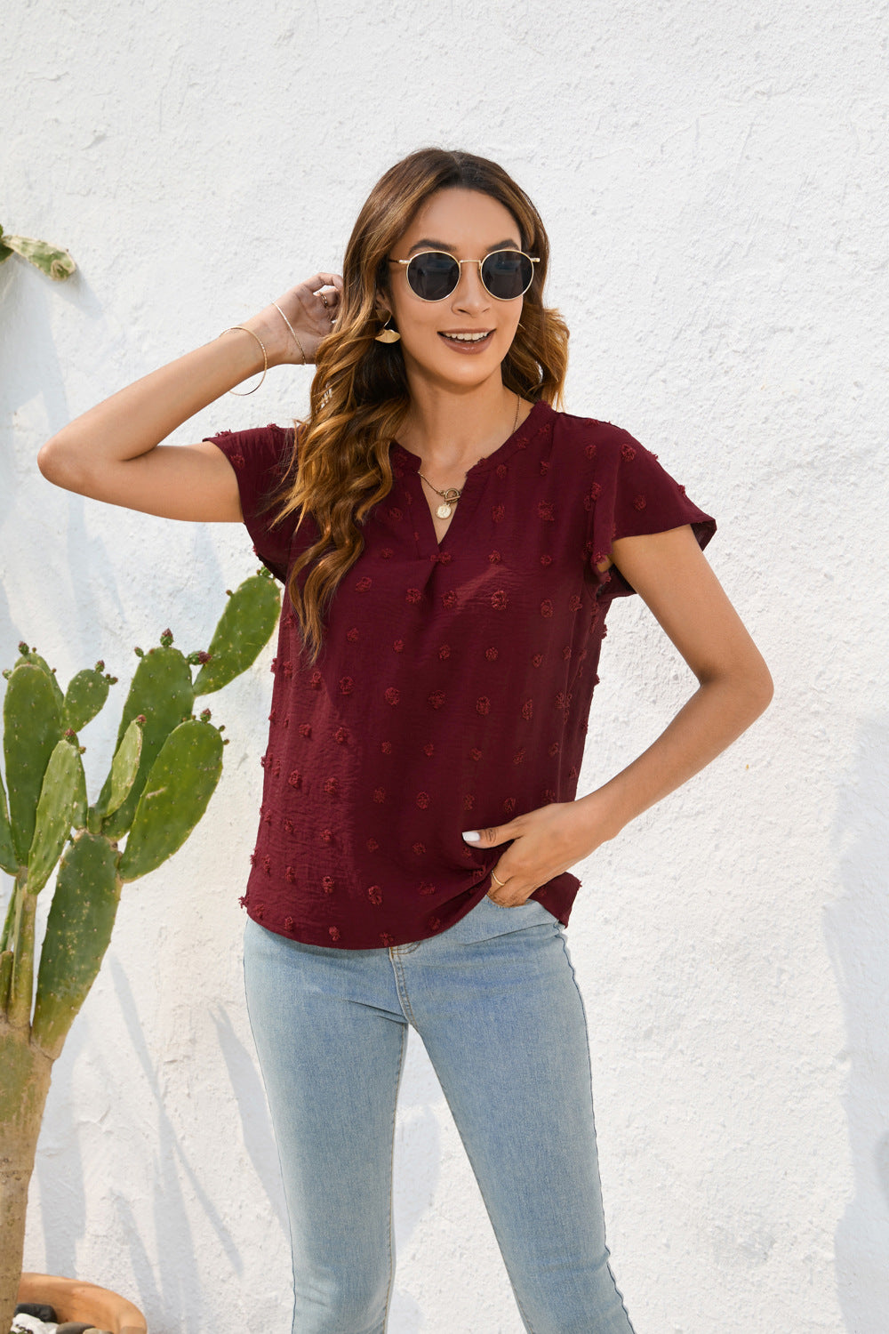 Damen Leichtes Kurzarmblusenshirt mit strukturiertem Material und eleganten Details R&B