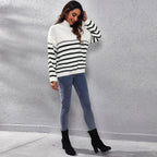 Damen Strickpullover mit hohem Kragen und modernem Streifenmuster R&B