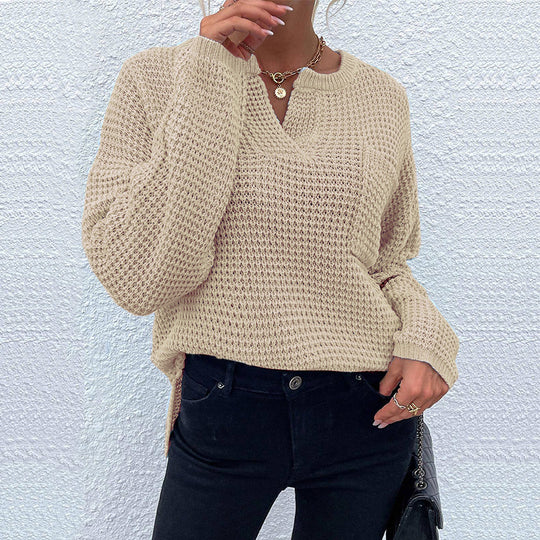 Damen lässiger Strickpullover mit V-Ausschnitt und enganliegendem Bund R&B