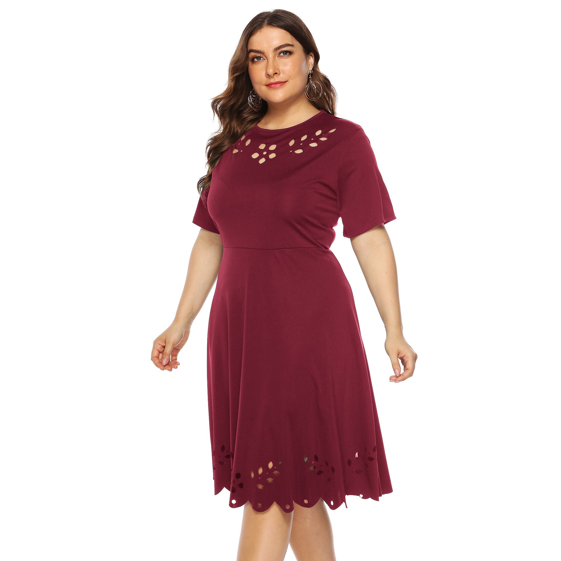 Damen elegantes Kleid mit durchbrochenem Kragen und wellenförmigem Saum R&B