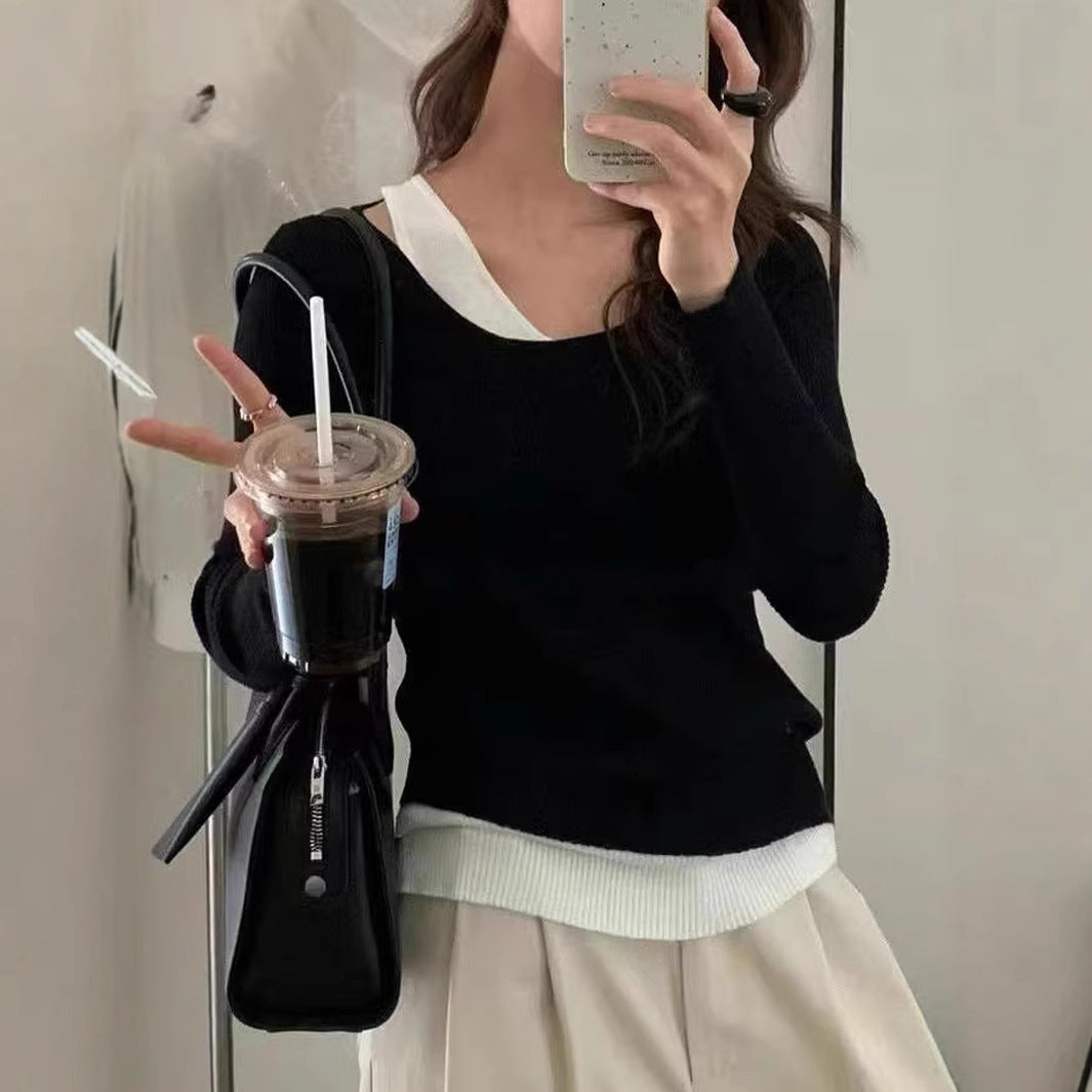 Damen lässiger V-Ausschnitt Strickpullover mit kontrastrierendem Saum R&B