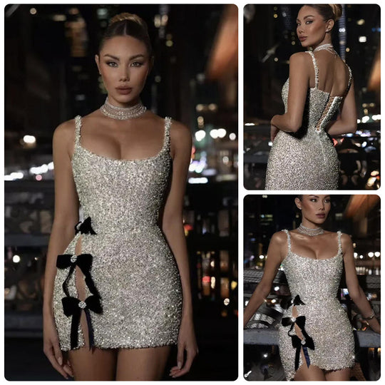 Damen Glamouröses Pailletten-Minikleid mit süßen Schleifen und figurbetontem Design R&B