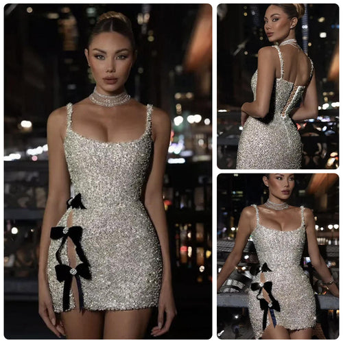 Damen Glamouröses Pailletten-Minikleid mit süßen Schleifen und figurbetontem Design R&B