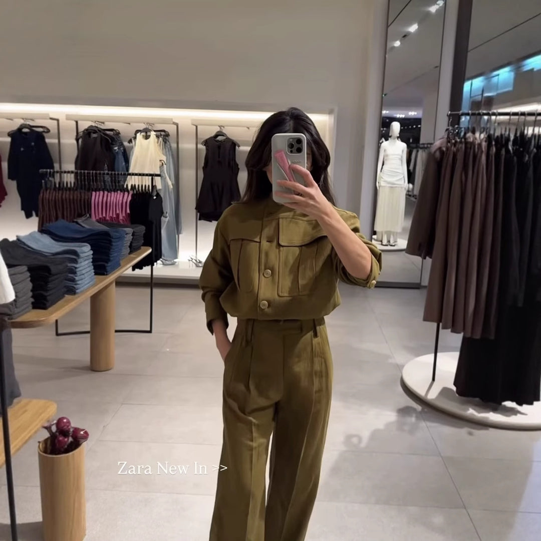 Damen cropped Utility-Jacke mit praktischen Taschen und elastischem Saum R&B