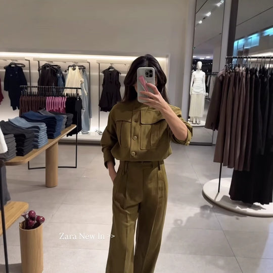 Damen cropped Utility-Jacke mit praktischen Taschen und elastischem Saum R&B