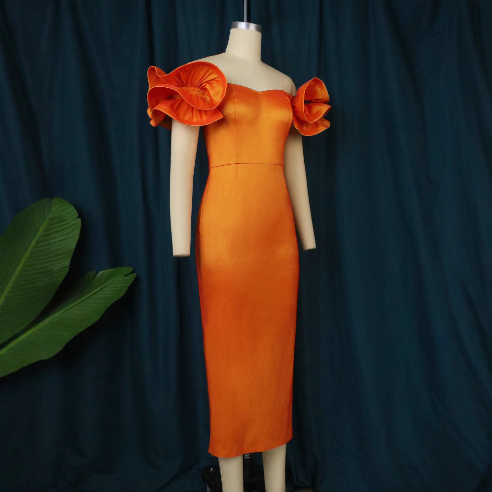 Damen figurbetontes Abendkleid mit voluminösen Rüschenträgern R&B