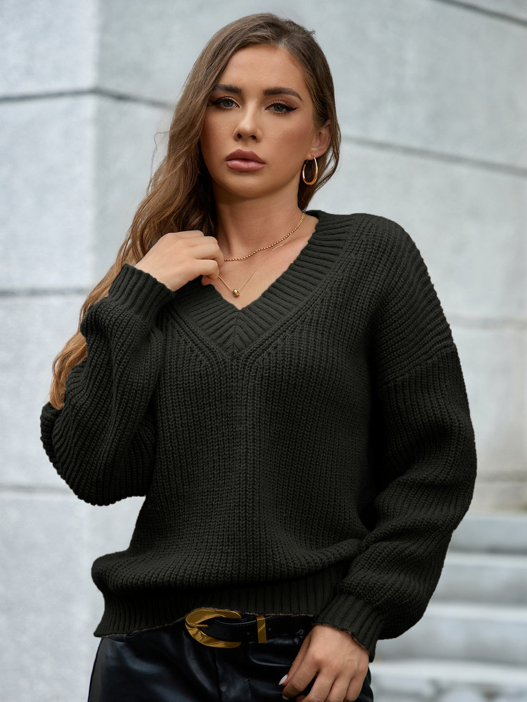 Damen gemütlicher V-Ausschnitt Strickpullover mit lockerem Schnitt und strukturiertem Muster R&B