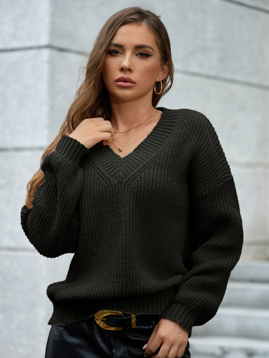 Damen gemütlicher V-Ausschnitt Strickpullover mit lockerem Schnitt und strukturiertem Muster R&B