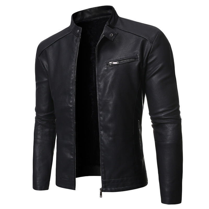 Herren elegante Kunstlederjacke mit modernem Stehkragen R&B