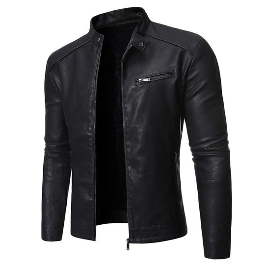 Herren elegante Kunstlederjacke mit modernem Stehkragen R&B