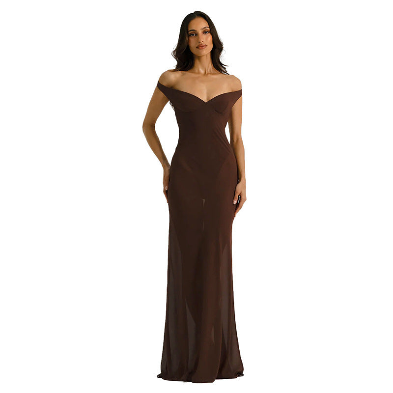 Damen Off-Shoulder Maxikleid mit figurbetontem Schnitt und hochwertigem Stoff R&B