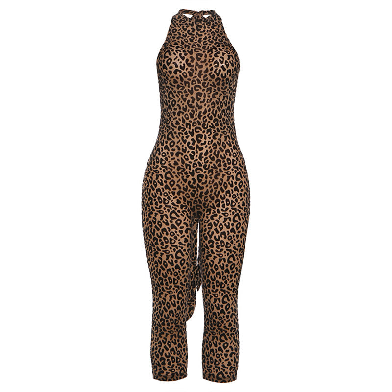 Damen Figurbetonter Jumpsuit mit Leopardenmuster und hochgeschlossenem Ausschnitt R&B