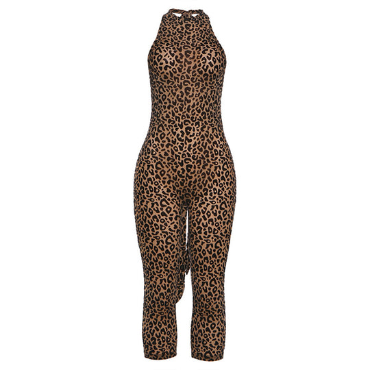 Damen Figurbetonter Jumpsuit mit Leopardenmuster und hochgeschlossenem Ausschnitt R&B