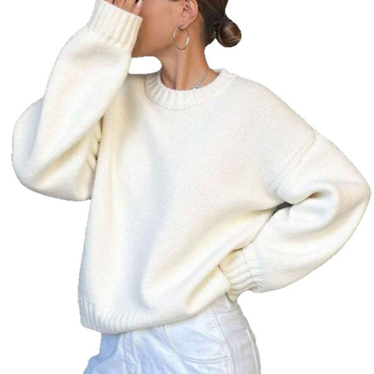 Damen lässiger und oversized Strickpullover mit Rundhalsausschnitt R&B