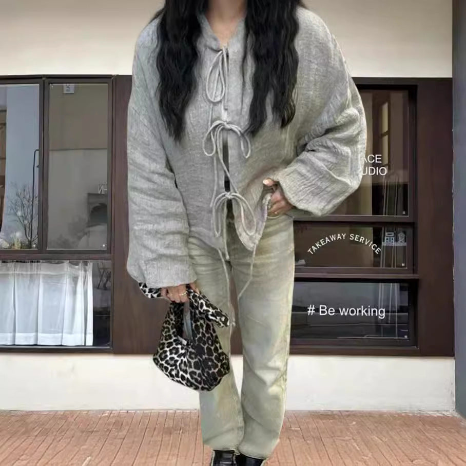 Damen leicht gefütterte Knitjacke mit Kordelzug und weiten Ärmeln R&B