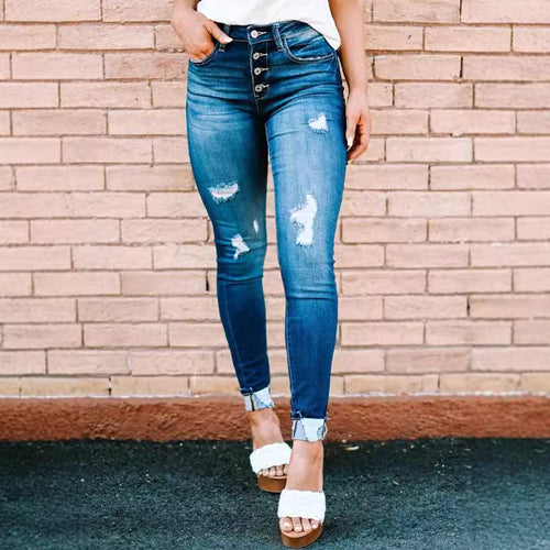 Damen High-Waist Skinny Jeans mit modischen Knopfdetails R&B