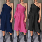 Damen Midikleid mit asymmetrischem One-Shoulder-Design und elastischem Taillengürtel R&B