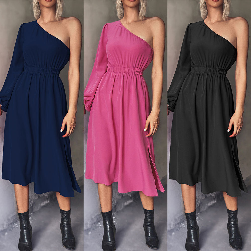 Damen Midikleid mit asymmetrischem One-Shoulder-Design und elastischem Taillengürtel R&B