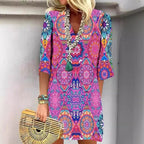 Damen Blusenkleid mit buntem mandala-inspiriertem Design und V-Ausschnitt R&B
