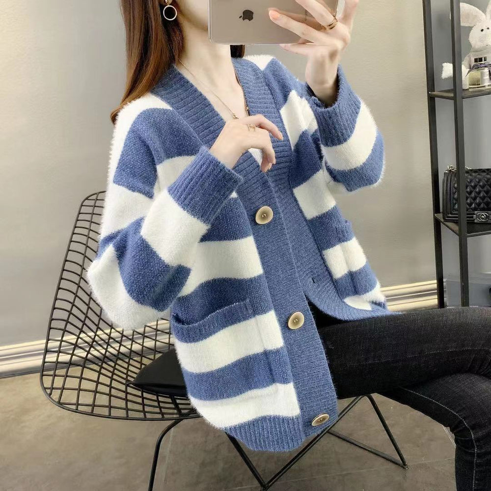 Damen Grobstrick-Cardigan mit Breton-Streifen und praktischen Taschen R&B