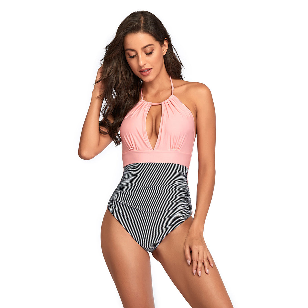 Damen Eleganter Einteiler Badeanzug mit tiefem V-Ausschnitt und geschmeidigem Stoff R&B