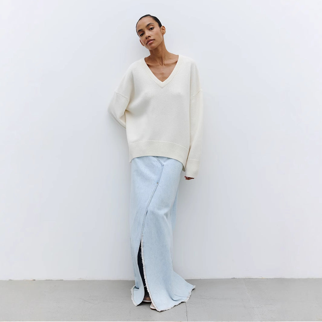 Damen Oversized V-Ausschnitt Strickpullover R&B
