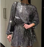 Damen Glitzerndes Minikleid mit langen Ärmeln und schimmerndem Oberstoff R&B